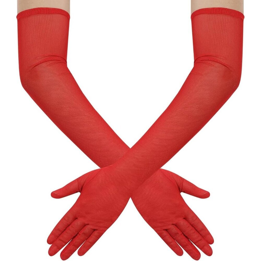 Women's Tulle Mesh Red Long Stretchy Gloves Halloween Party Wedding Costume